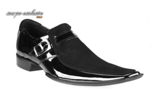 Wizytowe wsuwane buty męskie monki półbuty czarne sprzączka skóra zamsz [MODEL: 566-01 Nero vernice/camoscio]