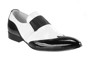 Odważne wsuwane wizytowe buty męskie skórzane lakierki [MODEL: 855-01 Nero/bianco vernice]