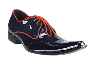 Niepowtarzalne odważne obuwie męskie wizytowe sznurowane lakier [MODEL: 797-93 Blue vernice /rosso]