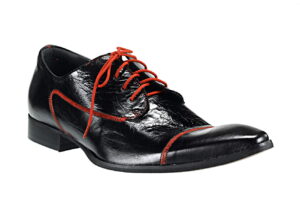 Obuwie włoskie męskie wizytowe skórzane czarne czerwona sznurówka [MODEL: 906C-01 Nero riva]]