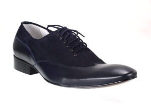 Wizytowe obuwie włoskie skórzane sznurowane granatowe zamsz szkoty personalizacja grawer na podeszwie [MODEL: 920-91 Blue arcadia/camoscio]