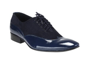 Włoskie półbuty męskie sznurowane granatowe niebieskie brogsy derby skórzane lakierki [MODEL: 920-93 Blue vernice/camoscio]