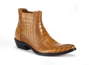 Wysokie kowbojki wsuwane skórkowe beżowe brązowe ocieplane imitacja skóry węża [MODEL: 810-51 Cayman beige brown]