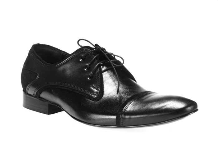 Włoskie półbuty sznurowane czarne skórzane wizytowe zamsz wstawki wiedenki oxford derby [MODEL: 938-01Nero euro/ camoscio]