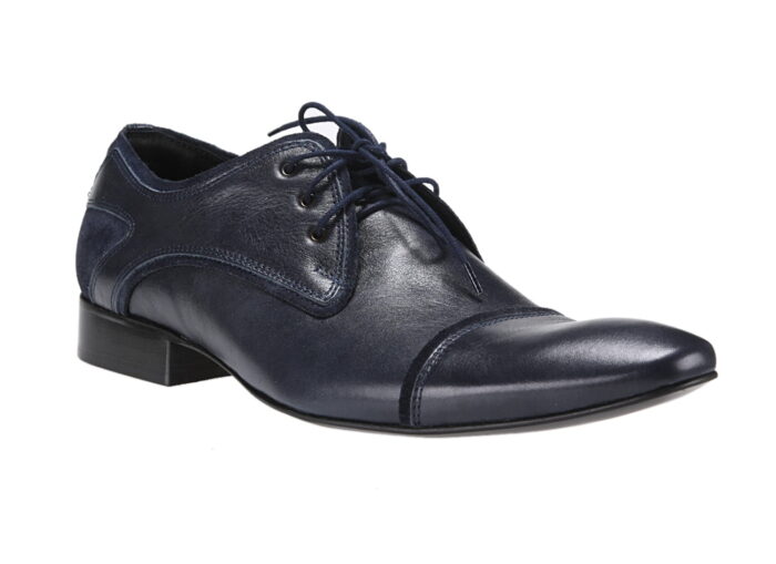 Włoskie półbuty wizytowe sznurowane granatowe niebieskie skórzane wiedenki oxford derby brogsy [MODEL: 938-91 Blue arcadia/ camoscio]