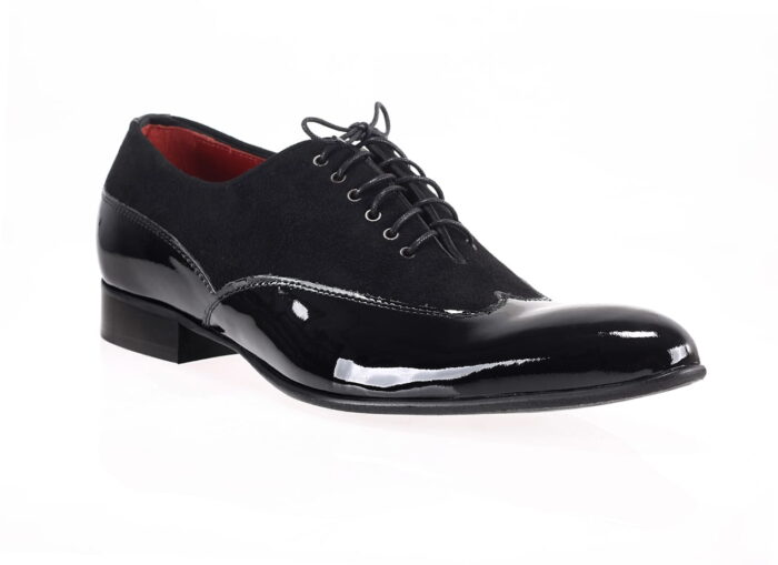 Wizytowe półbuty męskie włoskie sznurowane czarne skórzane zamsz [MODEL: 933-01 Nero vernice/camoscio]