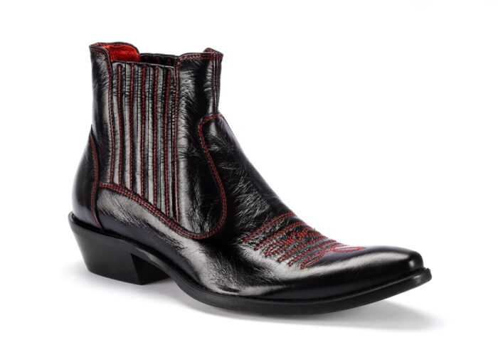 Kowbojki skórzane czarne wysokie czerwone haft ocieplane wyższy obcas buty na motor [MODEL: 810-01 Rosso-nero riva]