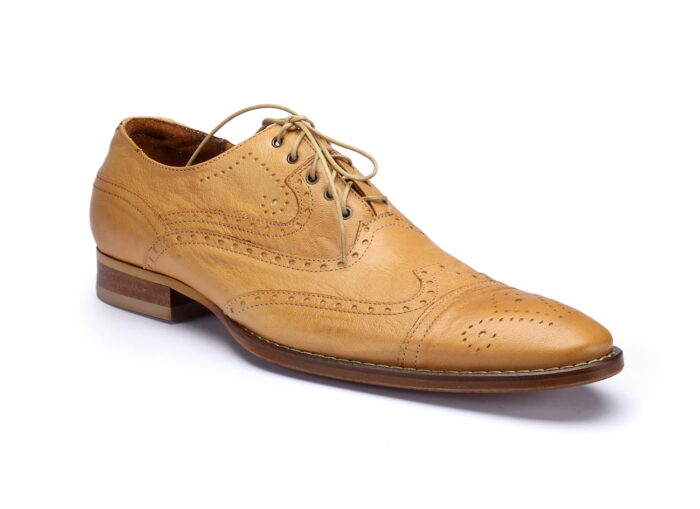 Skórzane sznurowane półbuty męskie wizytowe szkoty beżowe [MODEL: 1031-52 Beige]