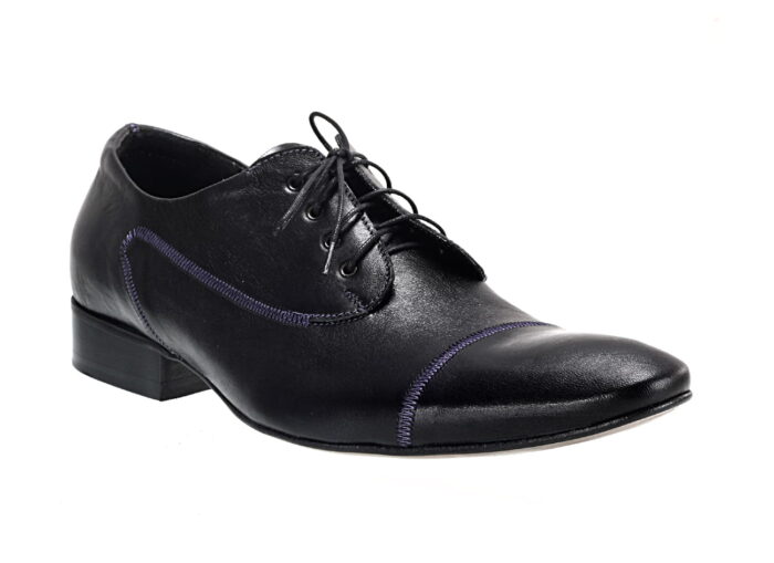 Wizytowe półbuty męskie sznurowane czarne fiolet skórzane [MODEL: 711-F01 Nero euro /viola]