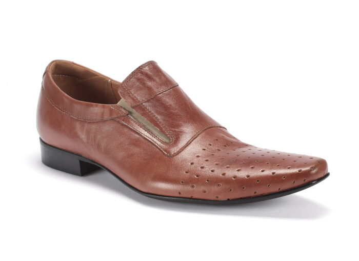Wizytowe wsuwane półbuty męskie skórzane brązowe dziurki lato [MODEL:  809-07 Brown]