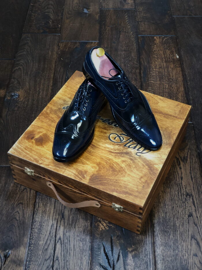 Wizytowe buty włoskie do garnituru skórzane szkoty sznurowane granatowe czarne skórzana podeszwa buty męskie oxford derby męskie półbuty wizytowe 38-46 [MODEL: 1216-94 Blue florentic]