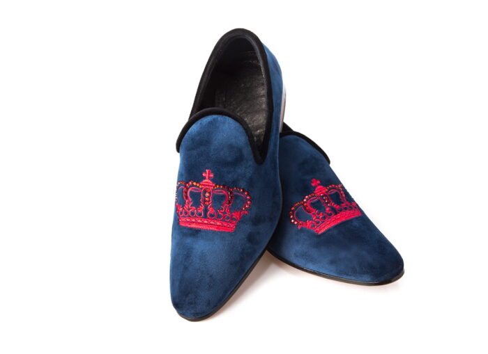 Buty włoskie lordsy mokasyny wsuwane korona hafty wzory unikat blue morski buty męskie wizytowe włoskie obuwie męskie [MODEL: 1217-92 Blue korona]