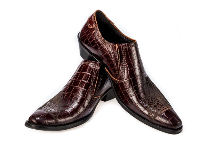 Włoskie kowbojki męskie skórkowe niskie brązowe wsuwane wyższy obcas [MODEL: 812-03 Brown cayman flaga]