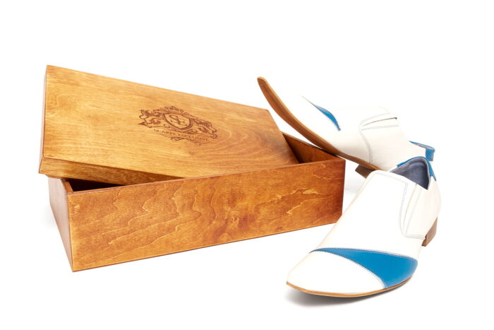 Wizytowe wsuwane białe blue półbuty męskie skórzane [MODEL: 749-13-91 Bianco blue]