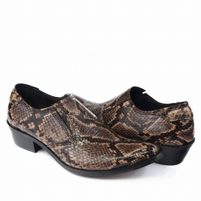 Kowbojki niskie skórzane wytłaczane podwyższony obcas brązowe czarne [MODEL: 812-79 brown]